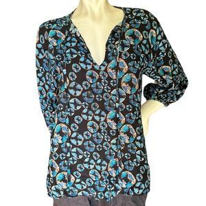 Tucker NYC Black & Blue Sanddollar 100% Silk Long Sleeve Peasant Blouse Medium